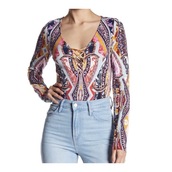 Free People Tops - Free People Bodysuit Top Womens Small‎ Bright Colorful Stretch Long Sleeve Boho